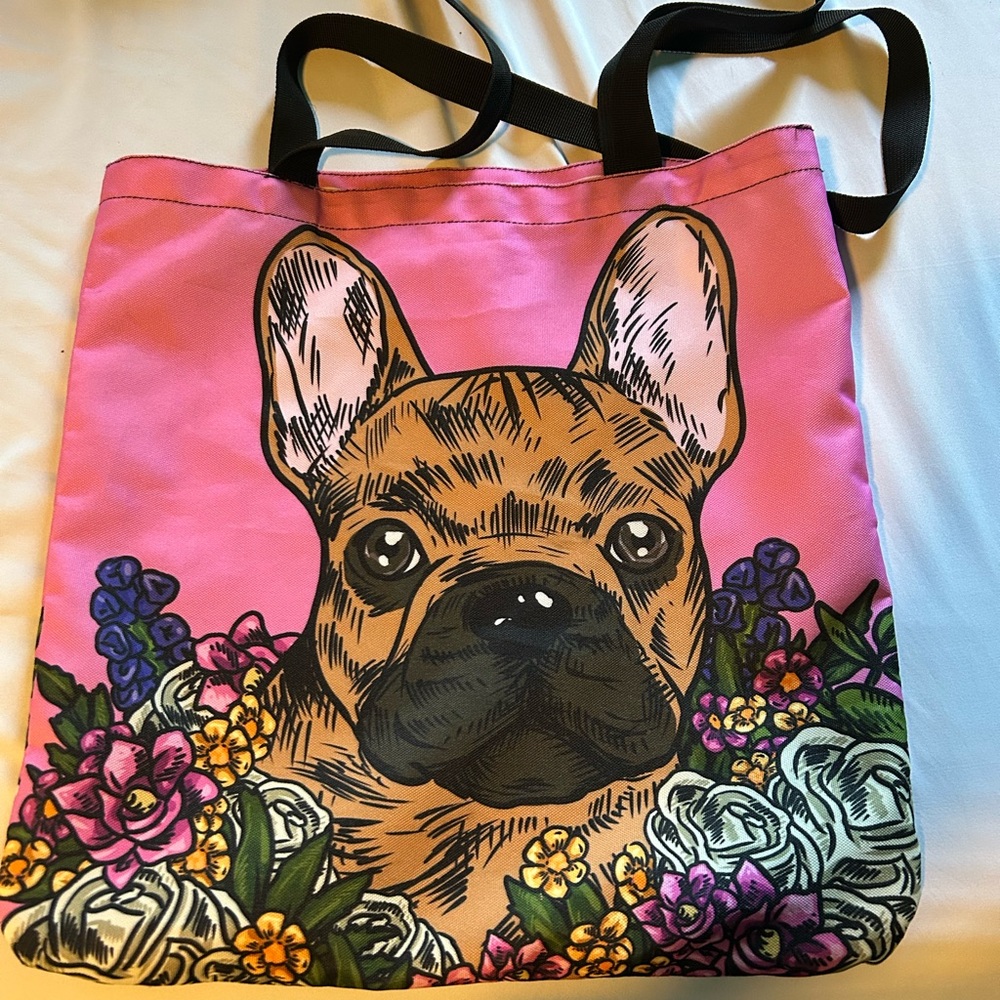 Pink French Bulldog Floral Tote Bag - Unbranded